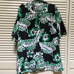 Men's Black Tropical Button-Down Shirt with Green Leaf Print